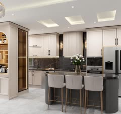 آشپزخانه نئو کلاسیک با جزیره و ویترین و کافی بار